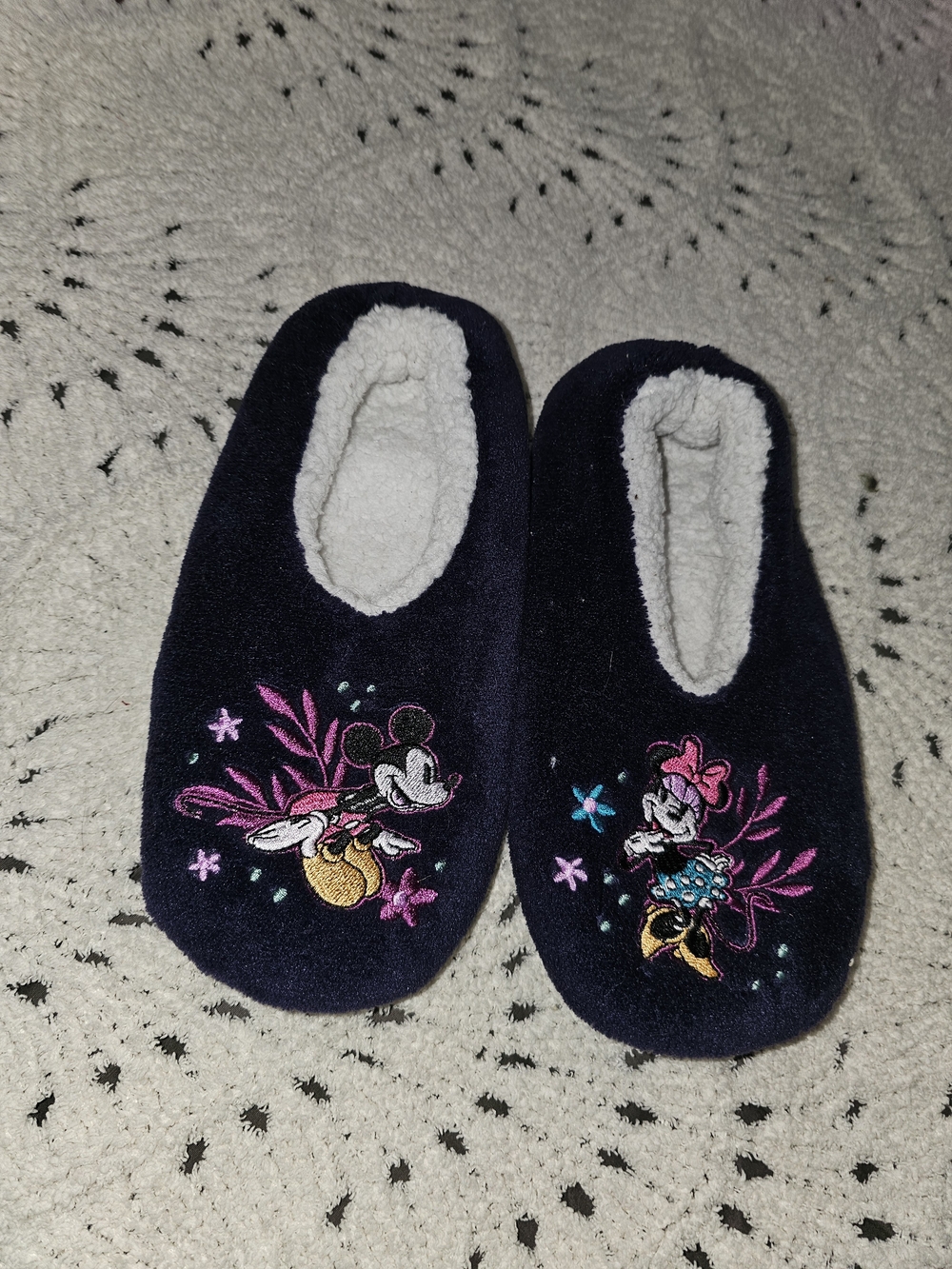 Vera Bradley Navy Slip-On Plush Slippers with Pink & Teal Embroidery